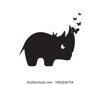 Rhino and butterfly cartoon illustration isolated on white background, vector. Rhino and butterflies silhouettes. Fun childish art design, wall decals, natural artwork