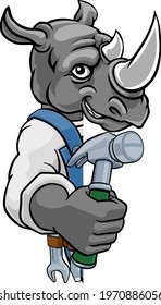 A rhino cartoon animal mascot carpenter or handyman builder construction maintenance contractor peeking around a sign holding a hammer 