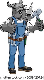 A rhino cartoon animal mascot carpenter or handyman builder construction maintenance contractor holding a hammer and giving a thumbs up