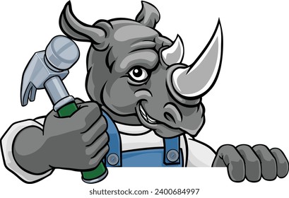 A rhino cartoon animal mascot carpenter or handyman builder construction maintenance contractor peeking around a sign holding a hammer 