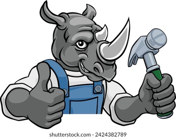 A rhino cartoon animal mascot carpenter or handyman builder construction maintenance contractor peeking around a sign holding a hammer 