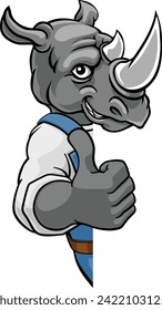 A rhino cartoon animal mascot gardener, carpenter, handyman, decorator or builder construction worker peeking around a sign and giving a thumbs up