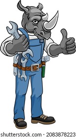 A rhino cartoon animal mascot plumber, mechanic or handyman builder construction maintenance contractor holding a spanner or wrench and giving a thumbs up
