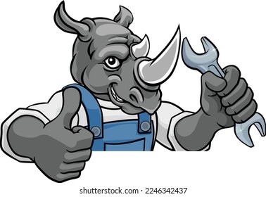 A rhino cartoon animal mascot plumber, mechanic or handyman builder construction maintenance contractor peeking around a sign holding a spanner or wrench and giving a thumbs up
