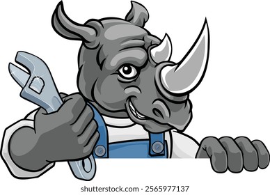 A rhino cartoon animal mascot plumber, mechanic or handyman builder construction maintenance contractor peeking around a sign holding a spanner or wrench