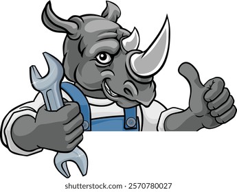 A rhino cartoon animal mascot plumber, mechanic or handyman builder construction maintenance contractor peeking around a sign holding a spanner or wrench and giving a thumbs up