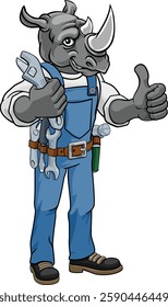 A rhino cartoon animal mascot plumber, mechanic or handyman builder construction maintenance contractor holding a spanner or wrench and giving a thumbs up
