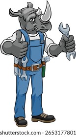 Um encanador de mascote animal de desenhos animados de rinoceronte, mecânico ou construtor de handyman empreiteiro de manutenção de construção segurando uma chave ou chave inglesa e dando um polegar para cima
