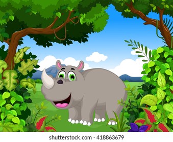 rhino cartoon with landscape background