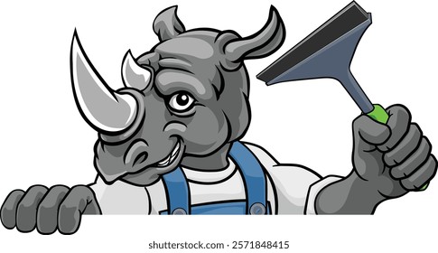 A rhino cartoon mascot car or window cleaner holding a squeegee tool peeking round a sign