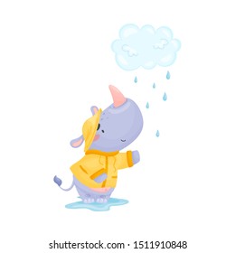 Rhino catches drops in the rain. Vector illustration.