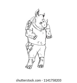 Rhino character in fancy clothing, hand drawn doodle, sketch, black and white vector outline illustration