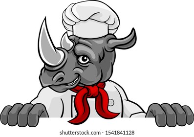 A rhino chef mascot cartoon character peeking over a sign