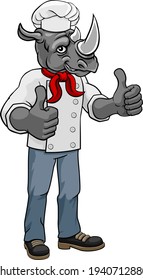 A rhino chef mascot cartoon character giving a double thumbs up