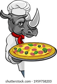 A rhino chef mascot cartoon character holding a pizza peeking round a sign