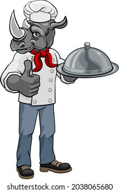 A rhino chef mascot cartoon character holding a silver platter cloche dome of food and giving a thumbs up