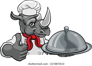 A Rhino Chef Mascot Cartoon Character Holding A Silver Platter Cloche Dome Of Food Peeking Round A Sign