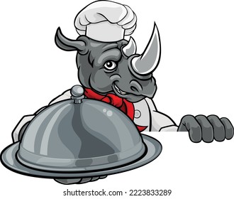 A rhino chef mascot cartoon character holding a silver platter cloche dome of food peeking round a sign