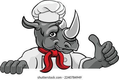 A rhino chef mascot cartoon character peeking round a sign and giving a thumbs up