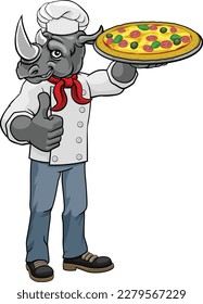 A rhino chef mascot cartoon character holding a pizza and giving a thumbs up