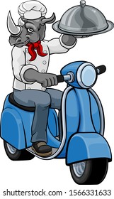 A rhino chef mascot delivering food on a scooter 