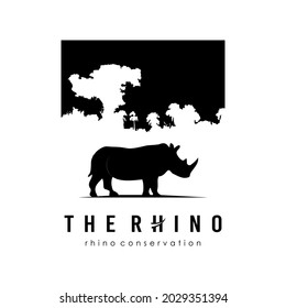 Rhino conservation Silhouette logo design template. Forest design elements for logo, label, emblem. 
