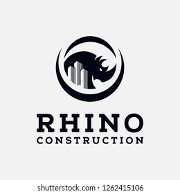 Rhino construction logo vector, Rhino with a building city vector, logotype, icon