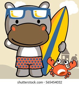 rhino and crab with surfboard in the beach, vector cartoon illustration