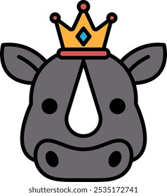 A rhino with a crown on its head. The rhino is wearing a crown and has a regal appearance