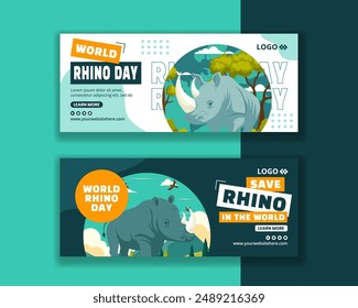 Rhino Day Horizontal Banner Flat Cartoon Hand Drawn Templates Background Illustration
