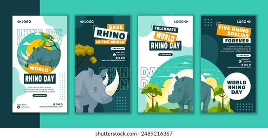 Rhino Day Social Media Stories Flat Cartoon Hand Drawn Templates Background Illustration