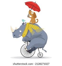 Rhino and dog circus show illustration. Performance of the rhino on bike.T-shirt graphics.Cute cartoon characters.Textile graphic for kids.Animal print