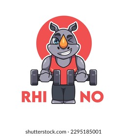 Rhino doing weightlifting exercise. Rhino cartoon character illustration. rhino mascot logo.