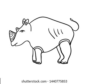 Rhino doodle drawing. Vector illustration of a huge african horned animal. Childlike, cute and simple