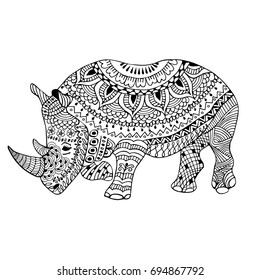 Rhino doodle stylized, hand drawn, illustration, black and white