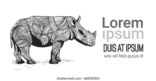 Rhino Drawing Zentangle Animal With Copy Space Vector Illustration