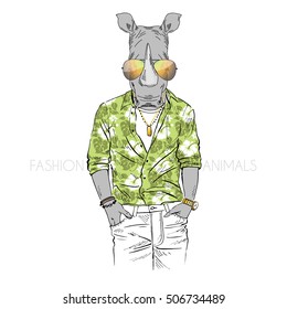 rhino dressed up in aloha shirt, furry art illustration, fashion animals, hipster animals, summer illustration