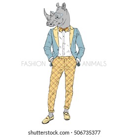 rhino dressed up in smart suit, furry art illustration, fashion animals, hipster animals