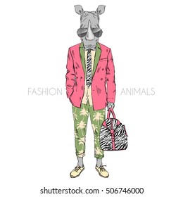 rhino dressed up in summer suit, furry art illustration, fashion animals, hipster animals, anthropomorphism