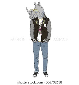 rhino dressed up in swag style, furry art illustration, fashion animals, anthropomorphism