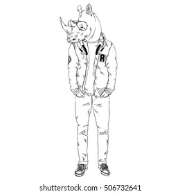 rhino dressed up in swag style, furry art illustration, fashion animals, anthropomorphism