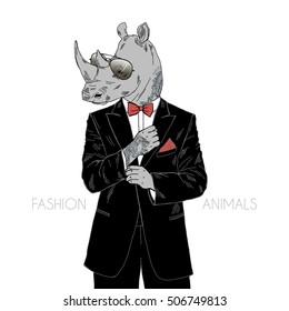 rhino dressed up in tuxedo with tattoo, anthropomorphic illustration, fashion animals