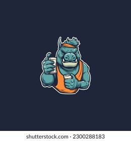 rhino drink with big muscle thumbs up illustration cartoon mascot logo. for supplement element