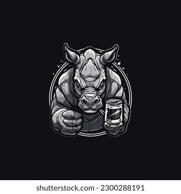 rhino drink with big muscle thumbs up illustration cartoon mascot logo. for supplement element
