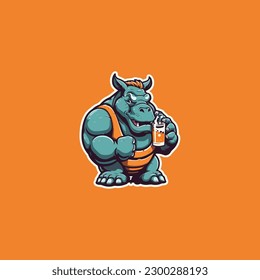 rhino drink with big muscle thumbs up illustration cartoon mascot logo. for supplement element