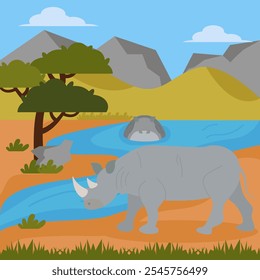 A rhino drinks water from a river in a grassy, rocky area, surrounded by distant hills and a bright sky.