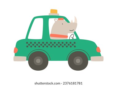 Rhino Driving Taxi Vector Illustration