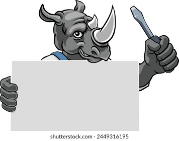 A rhino electrician handyman or other construction cartoon mascot man holding a screwdriver tool.
