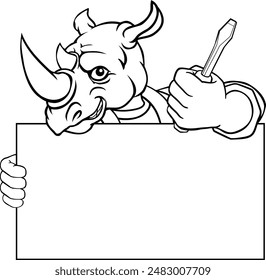 A rhino electrician handyman or other construction cartoon mascot man holding a screwdriver tool.
