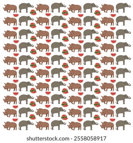 rhino, elephant with watermelon as a pattern background